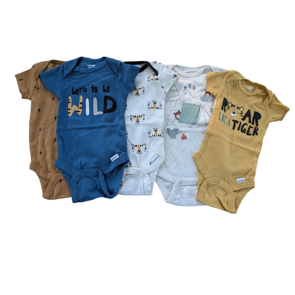 Onesies Brand 0-3 Months Baby Bodysuits 5 Pack Tiger Camping Lightning